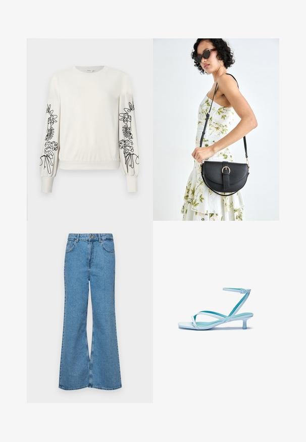 Hvitt langermet sweatshirt med svart abstrakt blomstermønster brodert på ermene og ribbede mansjetter og nederkant.; Lyseblå vide jeans laget av denim, med høyt liv, fem lommer og en enkelt knappelukking. Myk tekstur med falmet finish.; Lys blå sandaler med stroppene, firkantet tå, lav hæl, justerbar ankelrem og glatt, blank overflate. Kryssete stropper på fotsengen.; Svart lærveske med en buet form, avtagbar stropp og gullbeslag. Vesken har et klaff med spenne-detall.