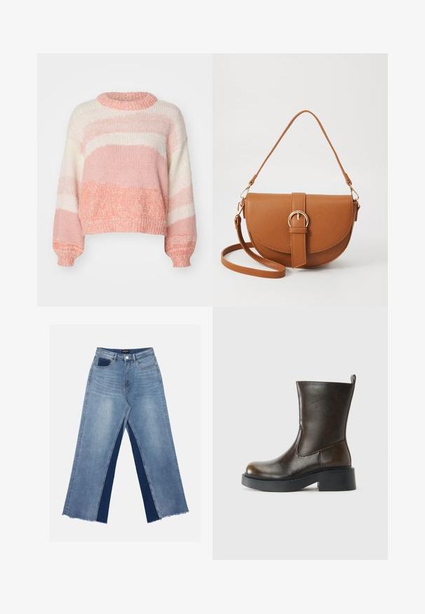 ONLY ONLJENNY jasnoróżowy; Jasnoniebieskie spodnie z szerokimi nogawkami z kontrastującymi ciemnoniebieskimi panelami, postrzępionymi końcówkami i standardowym stanem z metalowym zapięciem.; Ciemnobrązowe skórzane botki do kostki z okrągłym czubkiem, grubą czarną podeszwą, niskim obcasem w kształcie bloku oraz pętelką z tyłu.; Brązowa skórzana torba na ramię o zaokrąglonym kształcie, ze złotymi akcentami i zapięciem w formie klamry. Posiada odpinany pasek na ramię.