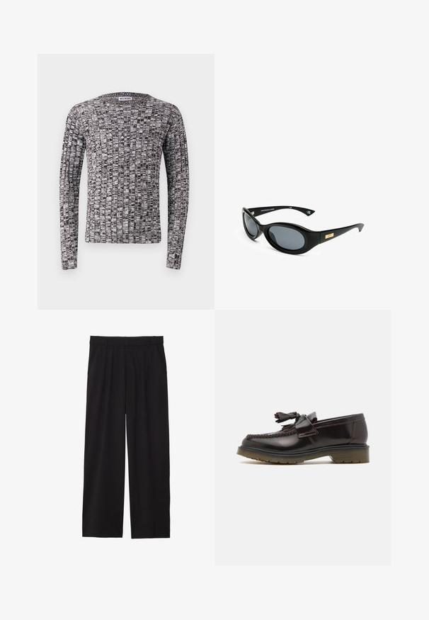 Pull à manches longues tricoté avec un motif texturé noir et blanc. Encolure ronde et poignets ajustés. Le matériau semble doux et léger.; Pantalons larges noirs avec un devant plissé, des poches latérales et une texture de tissu lisse. Conçus pour un ajustement décontracté.; Mocassins en cuir marron avec un design tressé, détail de frange et une semelle en caoutchouc plate. Dotés d'une finition lisse et de coutures contrastées.; Lunettes de soleil noires avec des verres ovales, monture mate et un accent doré sur les tempes. Les verres gris foncé offrent une protection UV.