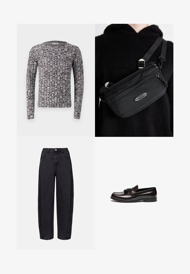 Strikket langermet genser med et teksturert svart og hvitt mønster. Rund hals og tettsittende mansjetter. Materialet ser mykt og lett ut.; Sorte vide benbukser laget av denim med en jevn tekstur. Har høy midje, frontlommer og knappelukking i midjen.; Brune lærloafers med en glat overflade, der har en syet design og dekorative kvaster foran. Flad sål og rund tå.; Svart nylon crossover-veske med justerbar stropp, med en jevn tekstur, en frontlomme med glidelås, og en logo-detalj.