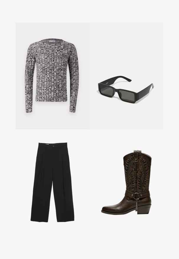Sweter z długim rękawem wykonany z dzianiny, z teksturowanym czarno-białym wzorem. Okrągły dekolt i dopasowane mankiety. Materiał wydaje się miękki i lekki.; Czarne spodnie o szerokich nogawkach, wykonane z gładkiego materiału, z płaskim pasem, plisami z przodu oraz pojedynczym zapięciem na guzik.; Bershka - Kowbojki i obuwie motocyklowe; Czarne okulary przeciwsłoneczne z prostokątnymi soczewkami, matowa plastikowa oprawka i proste krawędzie. Posiadają logo marki na wewnętrznej stronie ramienia.