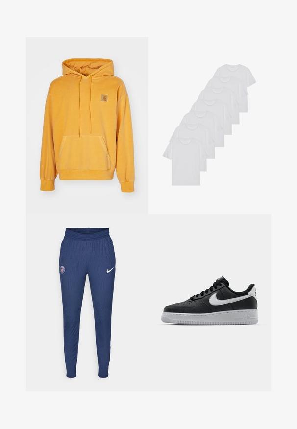 Žltá mikina s kapucňou vyrobená z mäkkej tkaniny, s predným vreckom, šnúrkou na kapucni a štvorcovou nášivkou loga na hrudi.; Biele bavlnené trička, krátke rukávy, dizajn s okrúhlym výstrihom, hladká textúra, naskladané v rade, so subtilným brandingom na výstrihu.; Námořnické atletické kalhoty vyrobené z texturované látky s logem Paříže na levém stehně a bílým Nike swoosh na pravém.; Čierne kožené tenisky s textúrovaným povrchom, biely Nike swoosh, šedá podrážka, okrúle špičky a šnurovací dizajn. Obsahuje perforácie na špičke.