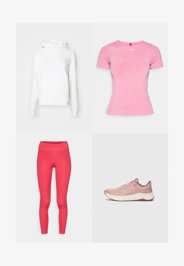 Λευκή μπλούζα με κουκούλα και τσέπη καγκουρό, με μια διακριτική ροζ λογότυπο στο στήθος. Φτιαγμένη από μαλακό ύφασμα, με κουκούλα με κορδόνι και ριμπ μανσέτες.; Ροζ κοντομάνικο αθλητικό μπλουζάκι φτιαγμένο από λείο ύφασμα. Διαθέτει στρογγυλή λαιμόκοψη και ένα μικρό λευκό λογότυπο στο στήθος. Σχεδίαση με κομψή εφαρμογή.; Ζεστές ροζ κολάν με ψηλή μέση, λεία υφή και εφαρμοστό σχέδιο. Διαθέτουν διακριτική επωνυμία στο κάτω αριστερό πόδι.; Αθλητικό παπούτσι σε απαλό ροζ με πλέγμα στην πάνω επιφάνεια, επενδεδυμένο κολάρο και λευκή ενδιάμεση σόλα. Διαθέτει υφή με σχέδια και καουτσούκ σόλα με πρόσφυση.