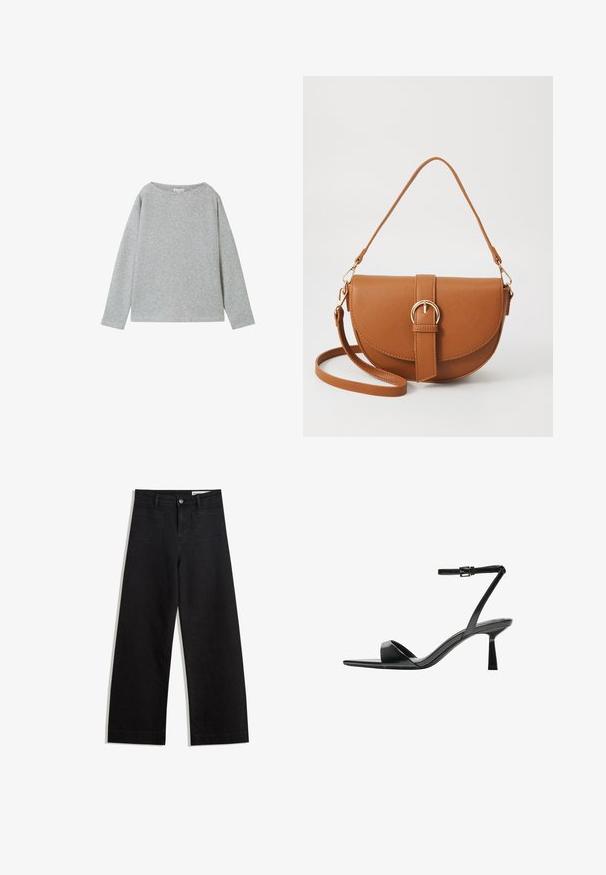 Pulover lung cu mâneci lungi de culoare gri deschis, fabricat din material ribbed. Are un decolteu larg și o croială lejeră. Marginile și mansetele sunt finisate cu o cusătură simplă.; Pantaloni din denim negri cu picioare largi, cu talie înaltă, având buzunare frontale și posterioare, cusături dublate și închidere cu nasture. Textură netedă.; Bershka Sandale cu toc - black; Geantă din piele maro, tip crossbody, cu o formă curbată, accesorii aurii și un accent cu cataramă. Dispune de un curea de umăr detașabilă.