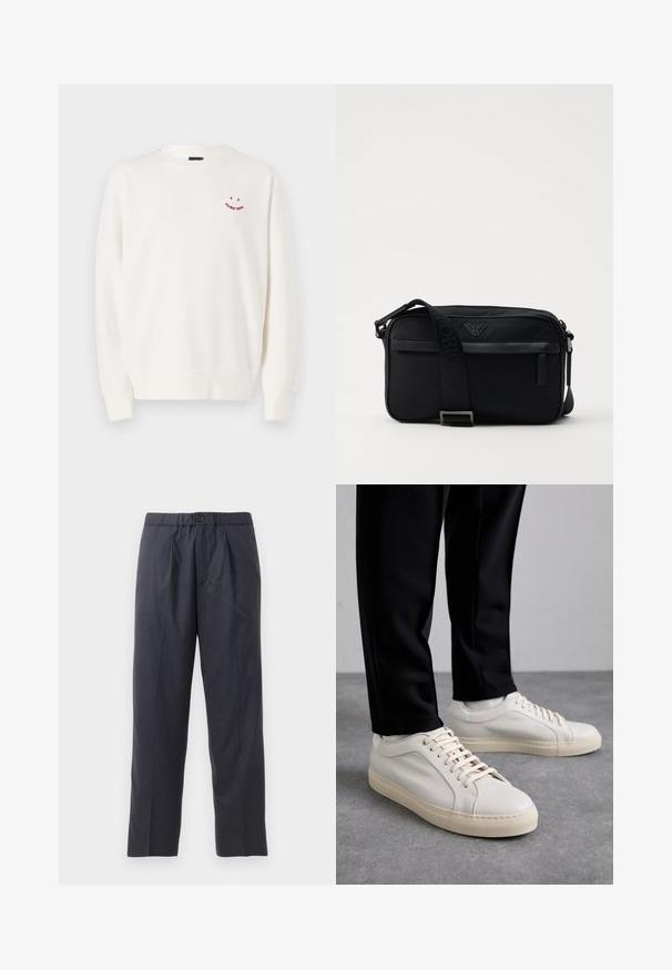 White sweatshirt made of soft fabric, featuring a round neckline, long sleeves, and a small red embroidered smiley design on the chest.; Dark navy trousers made of soft fabric with a pleated front design and elastic waistband. Features a button closure and straight-leg cut.; Light beige leather sneakers with flat laces, a textured surface, and a contrasting cream-colored rubber sole, paired with black tapered pants.; Black nylon shoulder bag featuring a contrasting strap, sleek rectangular shape, logo detail, and a zipper pocket on the front.