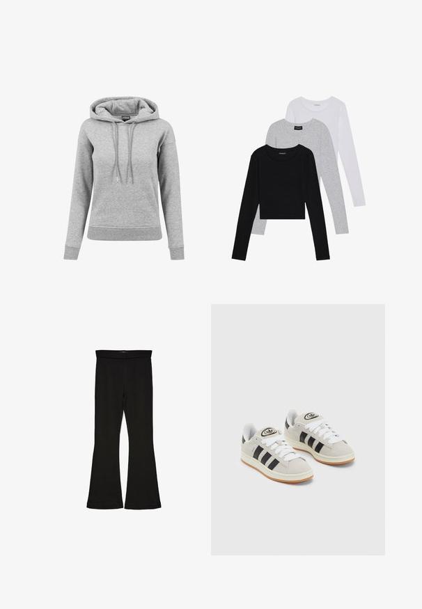 Hallhalli hallidest, mis on valmistatud puuvillast, sisaldab nööriga kapuutsi, pikki varrukaid, soonikuid varrukaotstes ja ääres. Lihtne disain, ilma mustriteta.; Kolm pikkade varrukatega toppi, mis on üksteise peale asetatud: must, hall ja valge. Igal ühel on ümar kaelus ja lühike disain, valmistatud siledast, kergekaalulisest kangast.; Mustad mustad sääred, mis on valmistatud venivast kangast. Omab laia vööd ja siledat tekstuuri, sobituv siluett, mis laieneb allservas.; Hallid hallid nahkrennid valgete paeltega, mustade triipudega ja valge kummitaldiga. Omab ümmargust logo keeles ja kummitalda.