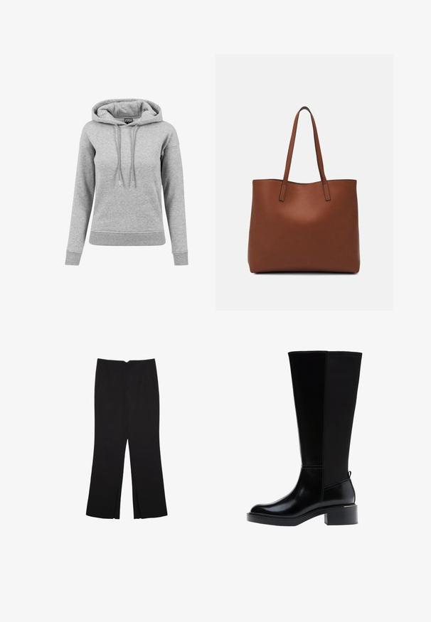 Šedá mikina s kapucňou vyrobená z bavlny, so šnúrkou na kapucni, dlhými rukávmi, rebrovanými manžetami a lemom. Jednoduchý dizajn bez vzorov.; Čierne nohavice so strihom rovného strihu, s prednými vreckami a bočnými rozparkami na leme. Vyrobené z mäkkej, hladkej tkaniny. Vhodné na rôzne príležitosti.; Čierna čižma po kolená s hladkým koženým povrchom, výrazným šitím, masívnym podpätkom a textúrovaným zadným panelom pre väčší záujem.; Hnedá kožená taška na rameno s hladkou textúrou, otvoreným vrchom a dvoma ramenými popruhmi. Má minimálne šitia a žiadne viditeľné kovania.