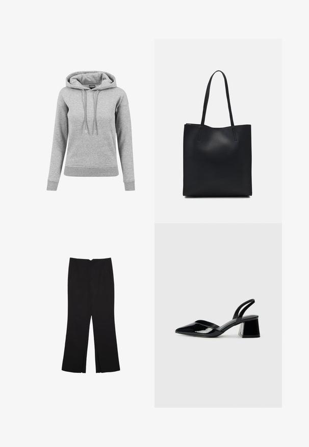 Šedá mikina vyrobená z bavlny, s kapucí na šňůrku, dlouhými rukávy, žebrovanými manžetami a lemem. Jednoduchý design bez vzorů.; Černé kalhoty s rovným střihem, s předními kapsami a bočními rozparky na lemu. Vyrobené z jemné, hladké tkaniny. Vhodné na různé příležitosti.; Černé lakované kožené lodičky na pásku s špičatou špičkou a geometrickým blokovým podpatkem. Vyznačují se elegantním, minimalistickým designem a hladkým povrchem.; Černá kožená taška přes rameno s hladkým povrchem, obdélníkovým tvarem a dvěma dlouhými uchy. Žádné viditelné kování ani ozdoby.