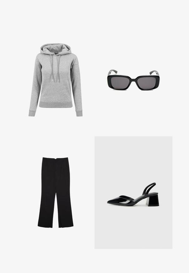 Šedá mikina vyrobená z bavlny, s kapucí na šňůrku, dlouhými rukávy, žebrovanými manžetami a lemem. Jednoduchý design bez vzorů.; Černé kalhoty s rovným střihem, s předními kapsami a bočními rozparky na lemu. Vyrobené z jemné, hladké tkaniny. Vhodné na různé příležitosti.; Černé lakované kožené lodičky na pásku s špičatou špičkou a geometrickým blokovým podpatkem. Vyznačují se elegantním, minimalistickým designem a hladkým povrchem.; Černé obdélníkové sluneční brýle s tmavými skly, hladkým plastovým rámem a zakřivenými stranicemi. Design je robustní s minimalistickou estetikou.