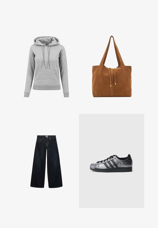 Šedá mikina s kapucňou vyrobená z bavlny, so šnúrkou na kapucni, dlhými rukávmi, rebrovanými manžetami a lemom. Jednoduchý dizajn bez vzorov.; Široké tmavé denimové džínsy s vysokým pásom, s kontrastným prešívaním, prednými vreckami a minimalistickým dizajnom.; Čierne a kovovo strieborné tenisky s zaoblenou špičkou, tromi čiernymi pruhmi a textúrovaným zvrškom. Čierne šnúrky a gumová podrážka.; Hnedá semišová taška cez rameno s dvoma dlhými popruhmi, sťahovacou šnúrkou a minimalistickým dizajnom. Hladký povrch a žiadne viditeľné kovové doplnky.