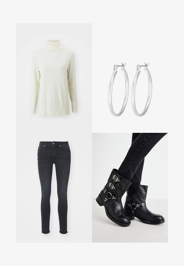 Helle Creme-Turtleneck-Pullover, lange Ärmel, gerippte Bündchen und Kragen, glatte Textur, normale Passform.; Schwarze Denim Skinny Jeans mit mittelhohem Bund, fünf Taschen und fransigem Saum. Der Stoff hat eine glatte Textur mit leichtem Stretch.; Schwarze Leder-Stiefeletten mit drei Schnallenakzenten, abgerundetem Zehenbereich und niedrigen Blockabsätzen. Das Design weist glatte und strukturierte Einsätze auf.; Silberne Creolen mit einer glatten, polierten Oberfläche. Runder Form und sicherem Klickverschluss. Leichtes Design, geeignet für den täglichen Gebrauch.