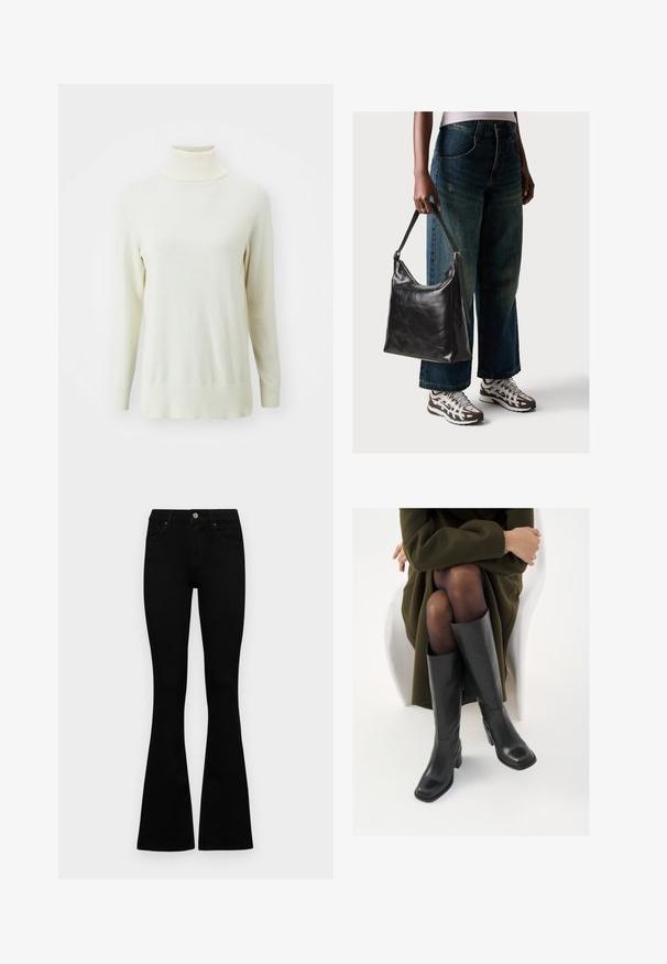 Pulover cu guler înalt de crem deschis, mâneci lungi, manșete și guler cu textură nervurată, textură fină, croială standard.; Jeans negri cu talie înaltă, cu închidere prin nasture și fermoar, buzunare frontale și picioare evazate, așezați pe un fundal alb.; Cizme din piele neagră, până la genunchi, cu vârf pătrat și toc bloc, prezentate pe un model așezat într-o haină verde măsline. Textură netedă, detalii minime.; Geantă de umăr din piele neagră, cu o textură netedă și curea ajustabilă, asortată cu blugi evazați și adidași.