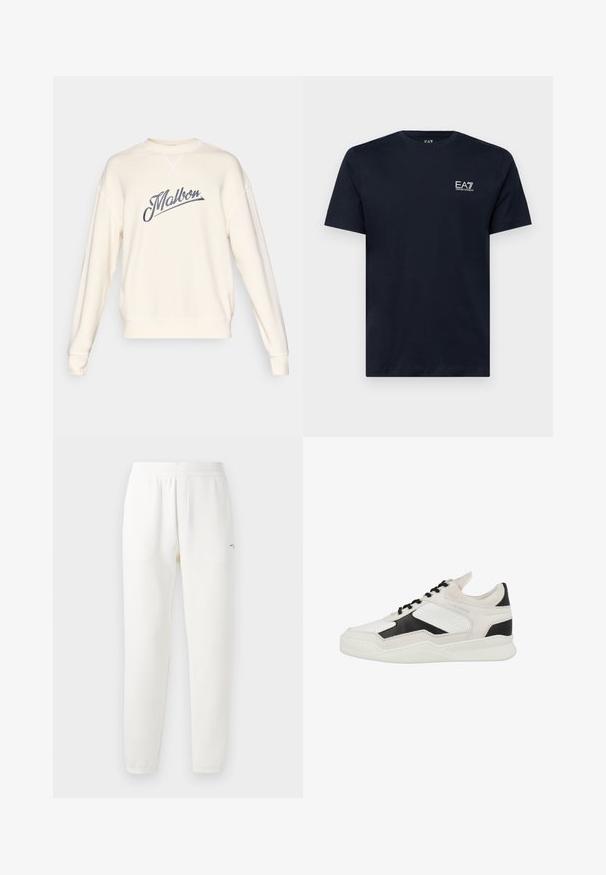 Kremowy sweatshirt z szarym, kursywowym logo "Malbon", z okrągłym dekoltem, prążkowanymi mankietami i dołem, z widocznymi detalami szwów.; Granatowa bawełniana koszulka z krótkim rękawem, okrągłym dekoltem i małym białym haftowanym logo na lewej piersi. Gładka tekstura.; Białe dresy wykonane z miękkiego materiału, z elastycznym pasem, zwężanymi nogawkami i małym logo po lewej stronie.; Białe i czarne sneakersy wykonane z materiałów skórzanych i zamszowych, z perforowanym wzorem, sznurowaniem oraz teksturowaną białą podeszwą.