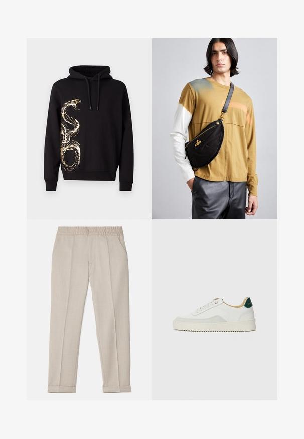 Hanorac negru cu un design grafic de șarpe auriu pe o parte. Confecționat dintr-un material moale, cu glugă ajustabilă și manșete ribbate.; Filippa K TERRY CROPPED TROUSERS - Pantaloni - sage melange; Sneaker alb cu accente din suede, vârf rotund, șireturi plate și o talpă din cauciuc crem. Are un logo verde pe călcâie.; Vivienne Westwood CITY BUMBAG UNISEX - Borsetă - black