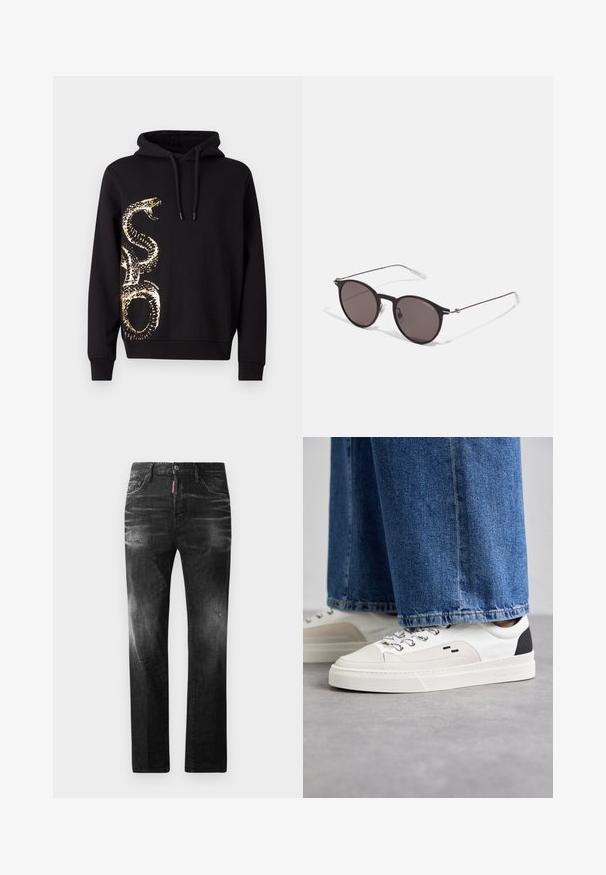 Felpa nera con cappuccio caratterizzata da un design grafico di un serpente dorato su un lato. Realizzata in tessuto morbido, con cappuccio regolabile e polsini a coste.; Jeans in denim nero con vestibilità dritta. Presentano aree sbiadite, leggeri segni di usura, classico design a cinque tasche e chiusura con bottone.; Sneaker bianche e nere con parte superiore in pelle liscia, dettagli testurizzati e suola bianca spessa. Presentano un classico design con lacci.; Occhiali da sole neri rotondi con lenti scure e sottili bracci in metallo. Include punte trasparenti e accenti argentati alla cerniera. Design minimalista.
