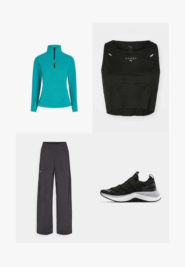 Pulóver de forro polar turquesa con medio zipper en el frente, cuello alto y mangas largas. Presenta un logo "Polartec" en la manga. Diseño simple.; Top corto negro de tela texturizada, con cuello redondo, logo blanco y dos pequeños acentos reflectantes en los hombros.; Pantalones deportivos negros con una cinturilla ancha, bolsillos laterales y costuras planas. Presenta un pequeño logo en la pierna izquierda. Fabricado con una tela suave y elástica.; Zapato deportivo negro con parte superior texturizada, correas elásticas y una suela intermedia blanca gruesa. Presenta un acento gris a lo largo de la suela.