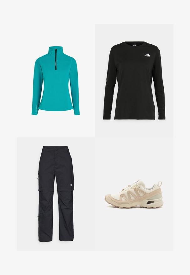 Turquoise fleece pullover with a half-zip front, high collar, and long sleeves. Features a “Polartec” logo on the sleeve. Simple design.; Black long-sleeve t-shirt made of cotton with a round neck. Features a small white logo on the left chest area. Simple design and fit.; Black nylon zip-off cargo trousers with adjustable cuffs, multiple pockets, and a logo on the right leg. Smooth, lightweight texture.; Beige and cream athletic shoe with textured mesh upper, supportive overlays, and rubber outsole featuring a tread pattern for traction.