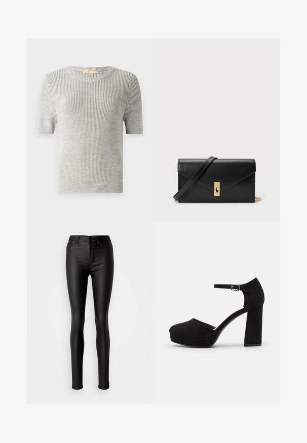 Gaišs pelēks īso piedurkņu džemperis ar adītu tekstūru, apaļu kakla izgriezumu, ribotu apakšmalu, izgatavots no viegla auduma. Nav redzamu rakstu vai akcentu.; Melnā vienas pleca blūze ar viļņotu caurspīdīgu apdari ap kaklu, izgatavota no viegla auduma ar gludu tekstūru.; Melnas mākslīgās ādas šaurās bikses ar gludu tekstūru, augstu jostasvietu, pogu aizdari un tradicionālo piecu kabatu dizainu.; Melna zamšāda platforma ar biezu bloku papēdi, noapaļotu purngalu un potītes siksniņu, kas nostiprināta ar metāla sprādzi. Gluda virsma visā apjomā.; Melnas ādas maku ar pārklājošu flapu, zelta detaļām, ar logotipa akcentu. Ietver noņemamu siksniņu pārvadāšanai.