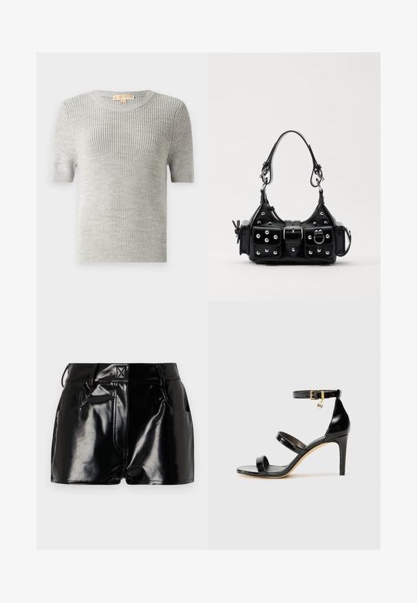 Lyhythihainen neulevalkoisenharmaana, neulottu pinta, pyöreä kaula-aukko, ribbireunus, valmistettu kevyestä kankaasta. Ei näkyviä kuvioita tai yksityiskohtia.; Mustat nahkapaita, jossa on napitettava etuosa, pitkät kaulukset ja kaksi rintataskua. Ulkonäkö on tilava ja pintamateriaali on sileä.; Lyhyet mustat kiiltävät shortsit, jotka on valmistettu synteettisestä materiaalista. Niissä on hyvä istuvuus vyötäröllä, vyölenkit ja etutaskut, joissa on näkyvät ompeluyksityiskohdat.; Musta patentoitu nahkasandaali, jossa on kolme hihnaa, nilkkasolki ja 4 tuuman stiletto-korko. Varustettu kultaisilla yksityiskohdilla ja logokoristeella.; Musta nahkainen käsilaukku, jossa on kaareva muotoilu, hopeiset niitit, solki ja kaksi sivutaskua. Säädettävä olkahihna erilaisiin kantovaihtoehtoihin.