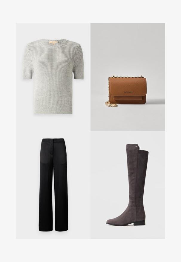 Lühikeste varrukatega heledashall kampsun, kooistetekstuur, ümar kaelus, ribatrepp, valmistatud kergest kangast. Pole nähtavaid mustreid ega aksessuaare.; Laiad mustad püksid tekstureeritud pinnaga, millel on lame vöökoht ja kaks kül pocketit. Kangas näib kergena ja voolavana.; Tumehall suède kuni kõrge saapad madala kontsaga ja peene metalllogo ülaossa, heledal taustal.; Pruun tekstureeritud nahk ristkeha kott kuldse ahelaga rihmaga ja klapiga sulgemine. Esiküljel on logo detail ja tasku klapi all.