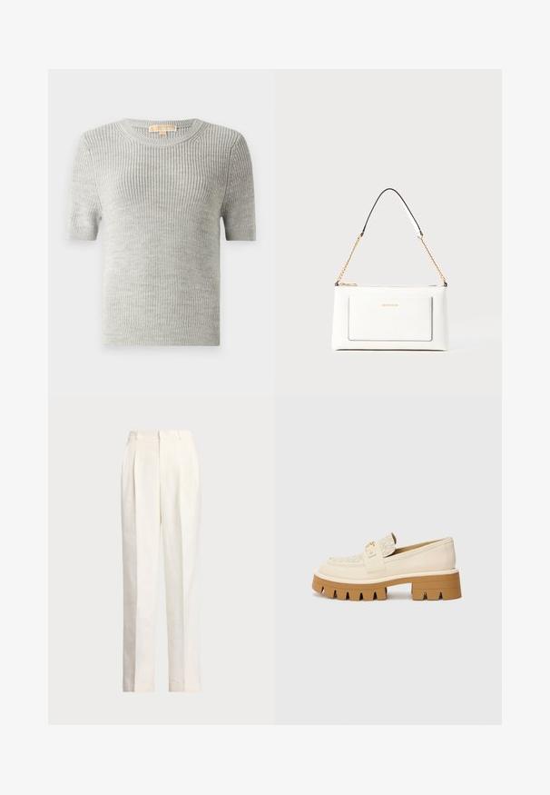 Kurzärmeliger Pullover in hellgrau, mit Stricktextur, rundem Halsausschnitt und geripptem Saum, aus leichtem Material gefertigt. Keine sichtbaren Muster oder Akzente.; Polo Ralph Lauren HEMP WIDE LEG PANT - Stoffhose - nevis; Beige Slipper mit einem strukturierten cremefarbenen Riemen, ausgestattet mit einer markanten braunen Sohle mit zahnartigen Mustern. Goldakzent an der Schnallen-Detail.; Weißes Lederhandtasche mit strukturierter Oberfläche, ausgestattet mit einem goldenen Kettenriemen und schwarzen Akzenten. Enthält eine Fronttasche und einen Reißverschluss.