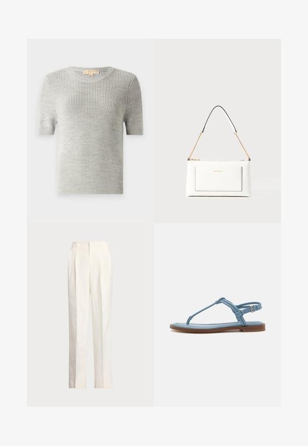 Pulover s kratkimi rokavi v svetlo sivi barvi, pletena tekstura, okrogli izrez, rebrast rob, izdelan iz lahkega materiala. Brez vidnih vzorcev ali dodatkov.; Polo Ralph Lauren HEMP WIDE LEG PANT - Hlače - nevis; Modra usnjena japanka z ravnim podplatom, ki ima ozko naramnico in zaponko okoli gležnja za varno prileganje.; Bela usnjena torbica z teksturirano površino, ki vključuje zlat pas in črne detajle. Ima sprednji žep in zadrgo.