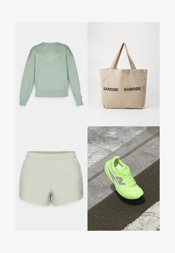 Mintgrønn hettegenser med avslappet passform, rund hals og ribbestrikkede mansjetter. Har en stor hvit trykk med teksten "HEALTH BODY MIND SOUL."; Lys grønne treningsshorts laget av pustende stoff, med perforert tekstur og elastisk liv. Logotrykk på siden.; Lys neon grønn New Balance løpesko som hviler på teksturert asfalt nær en taktil gangflate og kant.; Beige kanvas tote bag med to sorte trykte "SAMØE" logoer. Har solide beige skulderstropper og et enkelt, ustruktureret design.