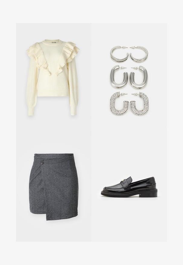 YAS YASALUMA - Džemperis - birch; Divi kokvilnas topi baltā un melnā krāsā. Katram ir dziļa kakla izgriezuma forma un plānas plecu siksnas, ar gludu, mīkstu tekstūru.; Pelēkā zigzag stila apņemšanās svārki, izgatavoti no teksturētas vilnas auduma, ar vienu pogu jostas daļā un asimetrisku apakšmalu.; Melna lakota āda loafer ar gludu apdari, ar šūšanu priekšpusē un zemu bloku papēdi atbalstam. Zelta akcenti uz siksnas.; Četras sudraba auss gredzeni: divi spīdīgi gludi riņķi, viens ar struktūru, un viens, kas pārklāts ar maziem caurspīdīgiem rhinestones.