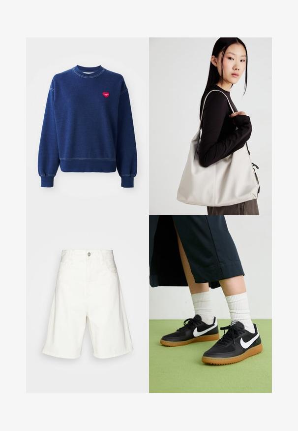 Sudadera de color azul marino hecha de algodón suave, con cuello redondo, puños de canalé y un pequeño logo de corazón rojo en el lado izquierdo del pecho.; Shorts de mezclilla blanca con una cintura alta, que cuentan con un cierre de botón frontal, dos bolsillos laterales y un ajuste relajado. Textura suave sin patrones visibles.; Zapatillas de cuero negro y sintético con el swoosh blanco de Nike, suela de goma, punta redonda y cordones negros. Calcetines blancos acanalados visibles.; Bolso de mano beige hecho de material suave, con un diseño holgado, detalles cosidos y dos asas. Adecuado para uso diario.