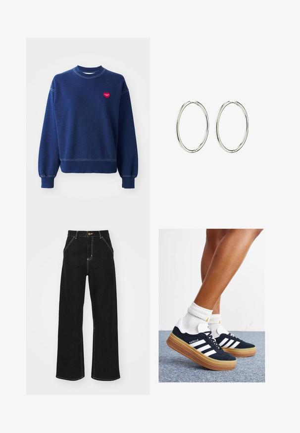 Tumši zils džemperis, kas izgatavots no mīkstas kokvilnas, ar apaļu kakla izgriezumu, ribotām piedurknēm un nelielu sarkanu sirds logotipu kreisajā krūtī.; Melnas platajās biksēs, kas izgatavotas no denima, ar kontrastējošas baltas šuves un priekšējo pogu aizdari, kā arī divām slīpajām priekšējām kabatām.; Melnas zamšādas sporta kurpes ar baltām svītrām un akcentiem, apaļa purngala daļa, gumijas zole, kopā ar baltām ribotām sporta zeķēm.; Sudraba riņķveida auskari ar gludu, pulētu apdari. Apaļas formas, viegla konstrukcija, ar drošu aizdari.