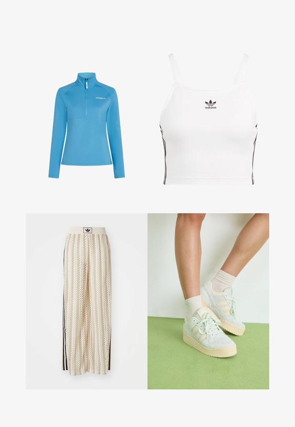 Světlemodrý fleece pulovr s vysokým límcem, čtvrtinovým zipem a dlouhými rukávy. Má horizontální šev přes hruď.; Bílý zkrácený top na ramínka s tenkými popruhy, černé logo Adidas na hrudi a černé boční proužky. Vyrobeno z elastického, hladkého materiálu.; Krémové široké kalhoty s cikcak vzorem, s černým logem na pásu a černými pruhy po stranách. Lehčí, texturovaná tkanina.; Světle zelené tenisky s texturovaným povrchem, vybavené třemi bílými pruhy, krémovou gumovou podrážkou a šněrováním. Nosí se s světlými ponožkami.