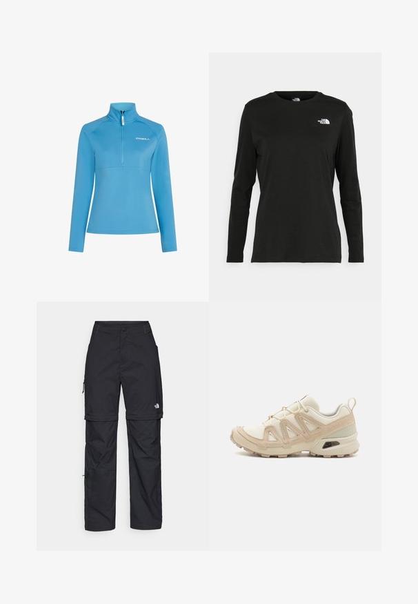 Gaiši zils vilnas krekls ar augstu apkakli, ceturtdaļas rāvējslēdzēju un garām piedurknēm. Ar horizontālu šuvi krūšu rajonā.; Melnas garām piedurknēm T-krekls, izgatavots no kokvilnas ar apaļu kaklu. Tam ir mazs balts logo kreisajā krūtīs. Vienkāršs dizains un piegulums.; Melni nailona bikses ar noņemamām kājām, regulējamiem uzmavām, vairākām kabatām un logotipu uz labās kājas. Gluda, viegla tekstūra.; Beige un krēma sporta apavi ar strukturētu tīkla virsmu, atbalstošajiem slāņiem un gumijas zoli ar protektoru rakstu, kas nodrošina saķeri.