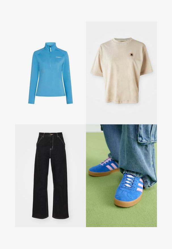 Světlemodrý fleece pulovr s vysokým límcem, čtvrtinovým zipem a dlouhými rukávy. Má horizontální šev přes hruď.; Beige bavlněné tričko s uvolněným střihem, kulatým výstřihem, krátkými rukávy a malou čtvercovou nášivkou na levé části hrudi.; Černé široké džínsy vyrobené z denimu, s kontrastním bílým prošitím a předním zapínáním na knoflík, se dvěma šikmými předními kapsami.; Modré semišové boty s růžovými pruhy a bílými tkaničkami, vybavené gumovou podrážkou, spárované s volnými džínovými kalhotami na zeleném povrchu.