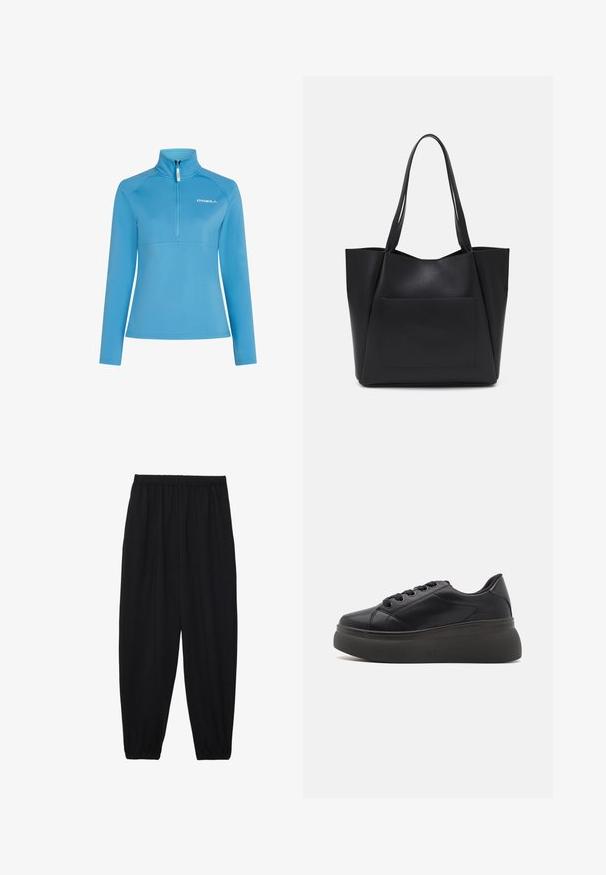 Lichtblauwe fleece pullover met een hoge kraag, kwart-rits sluiting en lange mouwen. Heeft een horizontale naad over de borst.; Zwarte, lichte broek met een elastische tailleband en gathered enkels. De stof is glad en heeft een ontspannen, taps toelopend ontwerp.; Zwarte sneaker met een glad bovenwerk van synthetisch materiaal, ronde neus en zes vetergaatjes. Heeft een dikke, gestructureerde zool voor grip en ondersteuning.; Zwarte tote bag van soepel synthetisch materiaal, met twee lange handvatten en een voorzak. Open bovenkant met hoekig ontwerp.