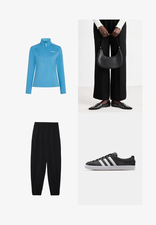 Pullover in pile azzurro chiaro con colletto alto, chiusura a zip quarti e maniche lunghe. Presenta una cucitura orizzontale sul petto.; Pantaloni neri leggeri con vita elastica e caviglie arricciate. Il tessuto è liscio e presenta un design rilassato e affusolato.; Sneaker in pelle nera con design a tre strisce bianche, punta arrotondata, suola piatta in gomma bianca e dettaglio del marchio sul lato.; Borsa a spalla in pelle nera con forma arrotondata, finitura lucida e accessori in argento. Persona che indossa pantaloni ampi neri e mocassini con borchie.
