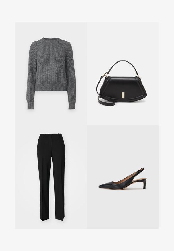 Maglione grigio a costine con scollatura rotonda e maniche lunghe. La trama è morbida e la vestibilità è casual con un design leggermente accorciato.; Pantaloni neri su misura con un design a gamba dritta, caratterizzati da una texture liscia e pieghe ben definite sul davanti. Senza hardware visibile.; Pump slingback in pelle nera con punta appuntita, tacco basso e texture liscia. Presenta una sottile cinghia regolabile per una vestibilità sicura.; Borsa a mano in pelle nera con un design strutturato, caratterizzata da una forma corta, manico superiore e accessori in metallo dorato. Inclusa tracolla regolabile.