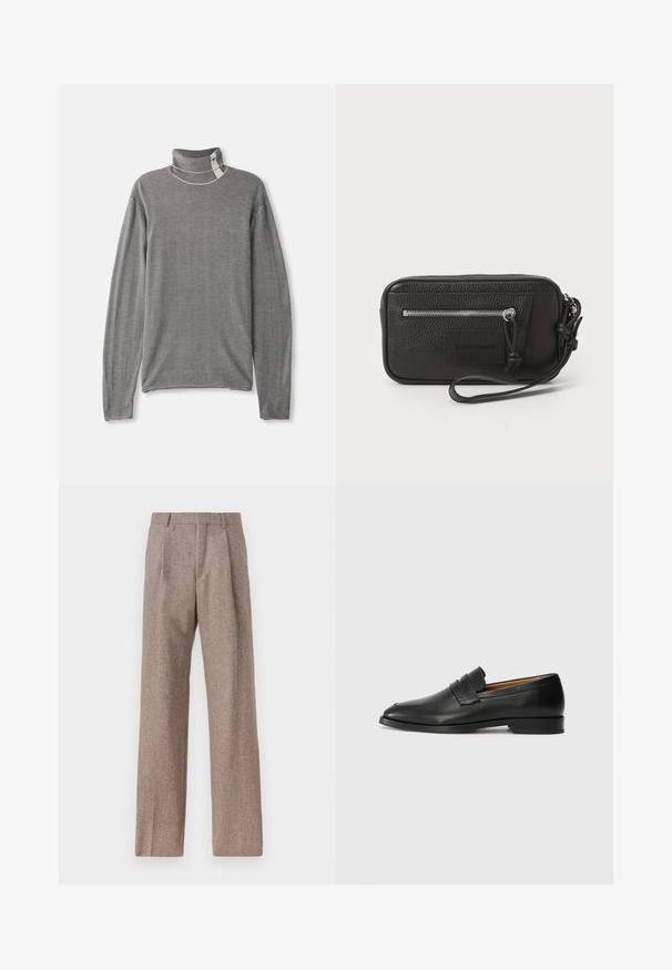 Gråstripet rullekragegenser med lange ermer. Stoffet har en myk tekstur. Har en høy krage og synlige sømmer.; Brune, høytlivs bukser laget av teksturert stoff. Har vide ben og to frontfold for struktur. Pen finish uten synlig maskinvare.; Svart skinnloafer med rund tå, subtilt sydd detaljering og lav hæl, med en glatt tekstur og minimalistisk design.; Svart lær clutch med teksturert overflate, frontlomme med glidelås og avtakbar håndleddsreim. Har en logo-patch på fronten. rektangulær form.