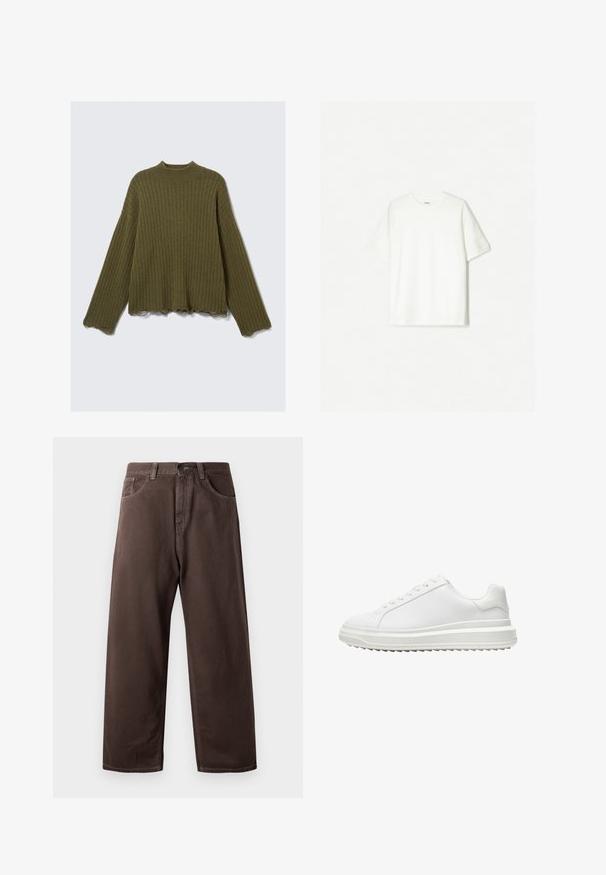 Pull à manches longues en tricot côtelé vert olive avec des bords bruts et effilochés sur les poignets et l'ourlet, posé à plat sur un fond blanc.; T-shirt blanc à manches courtes en coton doux. Design à col rond avec une coupe décontractée et sans logos ni motifs visibles.; Pantalons larges marron en coton, avec un design classique à cinq poches, une fermeture éclair et des détails de couture visibles.; Baskets blanches avec une tige synthétique lisse, bout rond, lacets plats, semelle texturée et un design à plateforme superposée pour plus de hauteur.