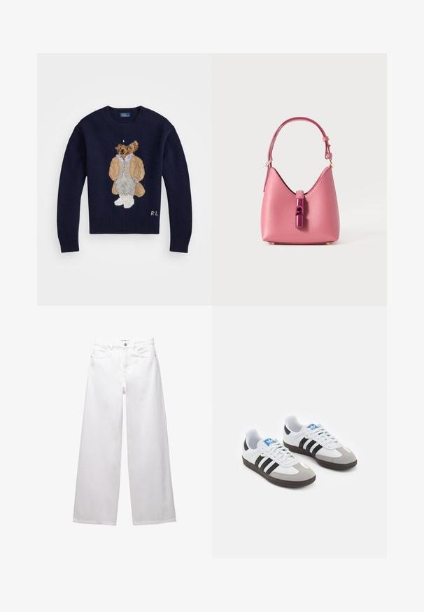 Námořnický svetr s podrobnou vyšívanou medvědí postavou, která má na sobě béžový kabát a šedé kalhoty, s vroubkovanými manžetami a výstřihem ve tvaru posádky.; Bílé široké džíny vyrobené z denimu. Obsahují zapínání na knoflík, přední a zadní kapsy a šité švy. Hladká textura s minimálními detaily.; Sportovní boty s bílým koženým svrškem, šedou semišovou špičkou a třemi černými pruhy. Obsahují modré logo na jazyku a texturovanou gumovou podrážku.; Růžová kožená kabelka se strukturovaným tvarem, zdobená lesklým uzávěrem a jedním nastavitelným popruhem. Texturovaný povrch s zlatými kovovými detaily.