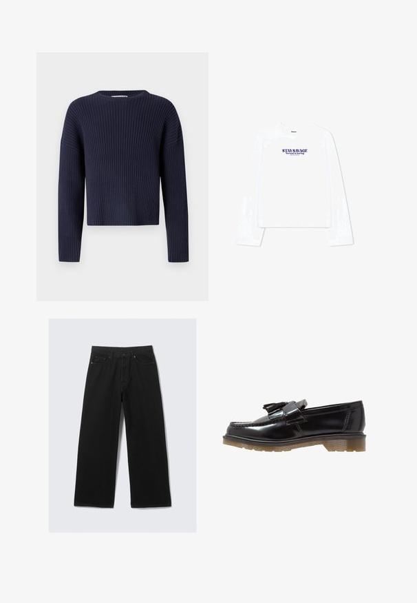 Granatowy, krótkie sweter z prążkowanym wykończeniem, okrągłym dekoltem i długimi rękawami, z teksturowanym wzorem dzianiny i luźnym krojem.; Biała koszulka z długim rękawem, z okrągłym dekoltem i skróconym fasonem. Na przodzie wydrukowany tekst w kolorze fioletowym: "STAY SAVAGE Normal jest nudny."; Czarne szerokie spodnie dżinsowe z klasycznym pięcioma kieszeniami oraz usztywnionym paskiem z szlufkami.; Czarne lakierowane loafersy ze splotem, z akcentem w postaci frędzli oraz masywną, teksturowaną gumową podeszwą. Widok z boku podkreśla smukłą sylwetkę.