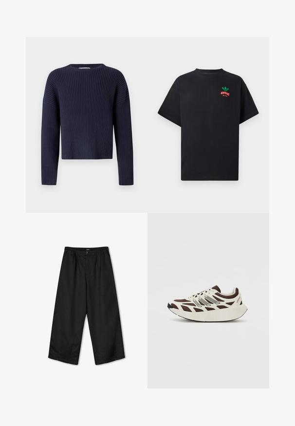 Marineblaues, kurz geschnittenes, geripptes Sweatshirt mit Rundhalsausschnitt und langen Ärmeln, das ein strukturiertes Strickmuster und eine lockere Passform aufweist.; Schwarzes Baumwoll-T-Shirt mit kurzen Ärmeln, mit einem grünen und roten Adidas-Logo-Design auf der Brust. Einfacher, lässiger Schnitt.; Kaotiko PANT DANDY WIDE LEG UNISEX - Stoffhose - black; Braune und cremefarbene Sneaker mit einem oberen Teil aus Netzmaterial, strukturierten Überzügen und einer runden, dicken weißen Sohle. Verfügt über eine flach gehaltene Zunge und Schnürsenkel.