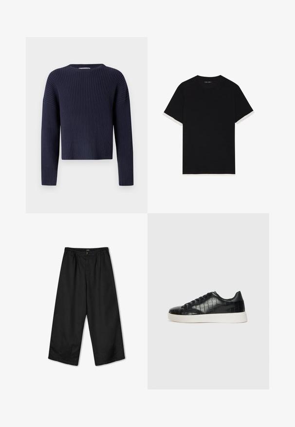 Navy krāsas īsais ribotais džemperis ar apaļu kakla izgriezumu un garām piedurknēm, ar strukturētu adījumu un brīvu piegriezumu.; Melna īsām piedurknēm T-kreklu ar strukturētu audumu, ar baltām akcents uz piedurknēm. Apaļa kakla izgriezums, brīvs griezums.; Kaotiko PANT DANDY WIDE LEG UNISEX - Auduma bikses - black; Melni sporta apavi ar teksturētu krokodila raksta ādas augšdaļu, noapaļotu pirkstu daļu un kontrastējošu baltu gumijas zoli ar gludu virsmu.