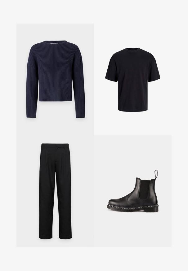 Marineblaues, kurz geschnittenes, geripptes Sweatshirt mit Rundhalsausschnitt und langen Ärmeln, das ein strukturiertes Strickmuster und eine lockere Passform aufweist.; Schwarzes Baumwoll-T-Shirt mit Rundhalsausschnitt, kurzen Ärmeln und lässiger Passform. Glatte Oberflächenstruktur und keine sichtbaren Muster oder Akzente.; Schwarze Hose aus glattem Stoff, mit geradem Bein Design, zwei vorderen Falten und einem Standardbund mit Gürtelschlaufen.; Schwarze Leder-Chelsea-Stiefel mit elastischen Seitenpaneelen, abgerundeter Zehenpartie, Ziehschlaufe, weißer Naht an der Sohle und strukturiertem Gummiaußensohle.