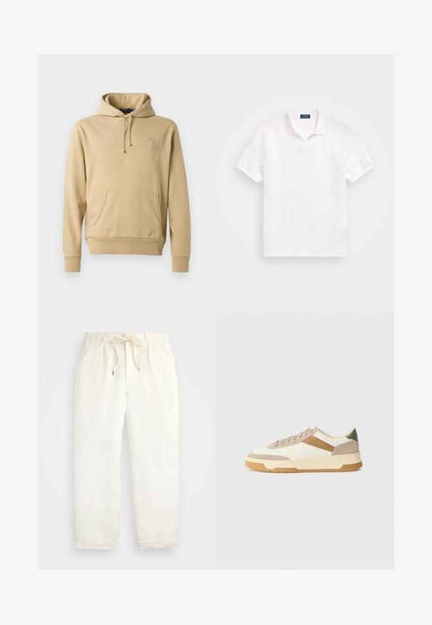 Smėlinis džemperis su kengūros kišeniu, reguliuojama kapuce ir išsiuvinėtu logotipu. Lygi tekstūra su raišteliais ant rankovių ir juosmens.; Baltas medvilninis polo marškinėlis su dviem mygtukais priekyje, trumpomis rankovėmis ir subtiliu logotipu kairėje krūtinės pusėje. Lygus tekstūras.; Šviesiai kreminės spalvos, laisvalaikio kelnės iš minkštos medžiagos. Turi elastinį juosmenį su raišteliais ir siaurėjantį kojų dizainą.; Bežiniai, kreminiai ir alyviniai sportbačiai, pagaminti iš zomšos ir odos, su apvaliu pirštu, minimalistiniu dizainu ir guminėmis padangomis.