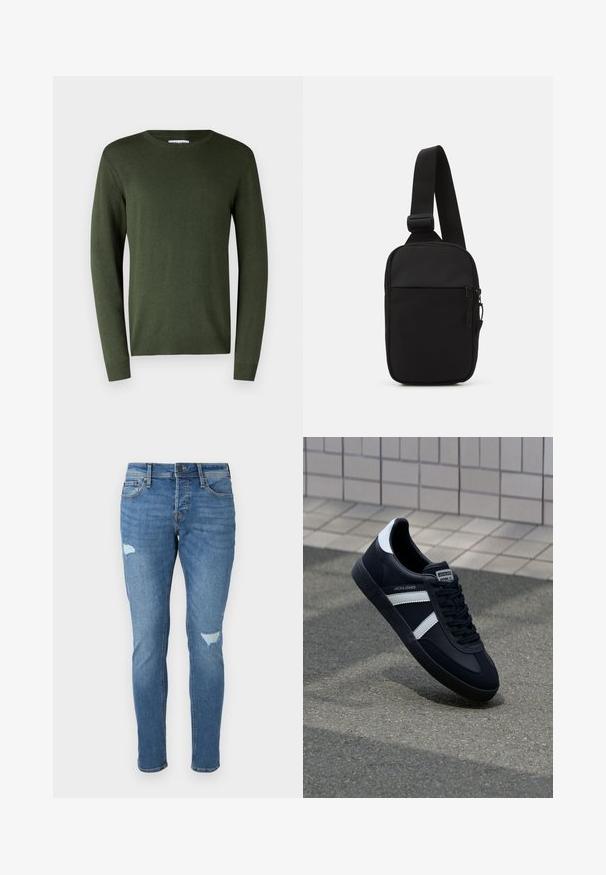 Olive green, lightweight sweater with a round neckline, long sleeves, and ribbed cuffs and hem. Smooth texture and simple design.; Faded blue denim jeans with a slim fit, featuring distressed areas at the knees, a button closure, and five-pocket design.; Black leather sneaker with white stripes, textured rubber sole, and lace-up front. Features a branded label on the tongue.; Black crossbody bag made of durable fabric, featuring a single adjustable strap, a zippered main compartment, and a front pocket.