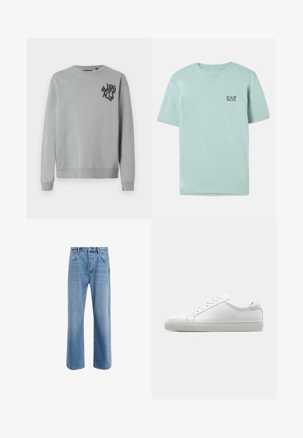 Sweatshirt gri deschis, fabricat dintr-un material moale, cu guler rotund și mâneci lungi. Text grafic negru în zona stângă a pieptului.; Tricou verde mentă deschis, din bumbac, cu mâneci scurte și gât rotund, având un mic logo EA7 negru pe piept.; Jeans din denim bleu deschis cu un design drept, cinci buzunare, închidere cu buton, decolorare minimă și detalii de cusătură în contrast.; Adidași albi cu o suprafață din piele netedă și un profil jos. Au un vârf rotunjit, șase orificii pentru șireturi și o talpă din cauciuc texturată.