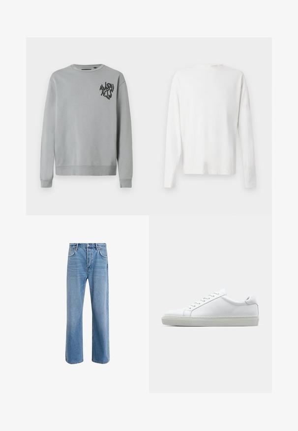 Sweatshirt cinza claro feito de um tecido suave, com gola redonda e mangas longas. Texto gráfico preto na área do lado esquerdo do peito.; Camisa de algodão branca de mangas longas com decote redondo, fendas laterais na parte inferior e uma textura suave, mostrada de trás.; Calças de ganga azul claro com um design de perna reta, cinco bolsos, fecho de botão, desgaste mínimo e detalhes de costura em contraste.; Sapatilha branca com um cabedal em couro liso e de perfil baixo. Apresenta um bico redondo, seis ilhoses e uma sola de borracha texturizada.