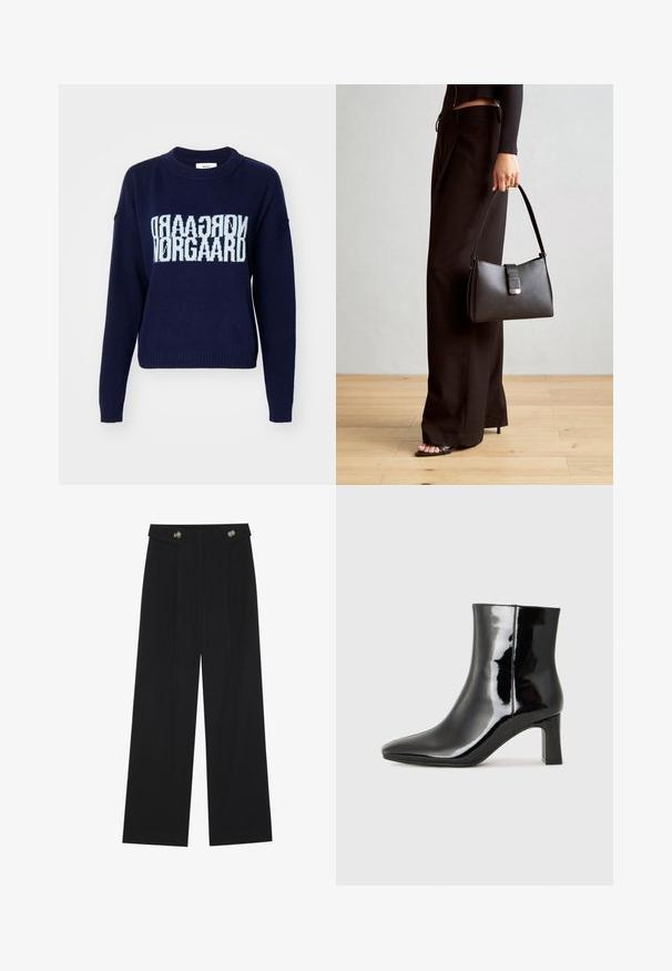 Navyblauwe gebreide trui met geribbelde manchetten en zoom, met opvallende lichtblauwe tekst "NORGAAARD" op de voorkant.; Zwarte wijde broek met hoge taille, knoopdetails op de tailleband en plooien aan de voorkant.; Zwarte gepolijste leren enkellaars met een spitse neus en een blokhak van gemiddelde hoogte. Glad textuur en minimalistisch ontwerp.; Zwarte handtas met gestructureerde vorm, gladde textuur en een metalen sluiting. Gecombineerd met brede zwarte broeken en sandalen met open teen op een houten vloer.