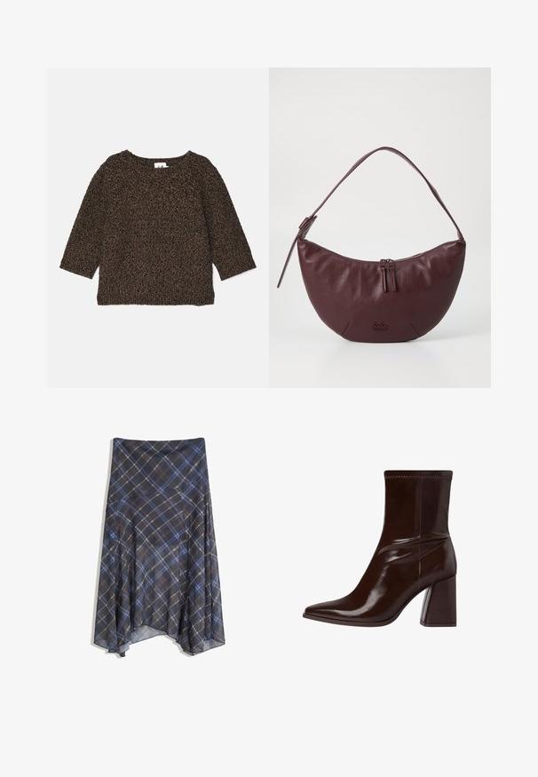 Hnědý, strukturovaný pletený svetr s rukávy ke třetině, širokým dekoltem a žebrovaným lemem. Měkký materiál s útulným vzhledem.; Černá kostkovaná sukně s modrými a hnědými pruhy, volný design, střední délky, vyrobena z lehké látky s hladkou texturou.; Hnědé lakované kožené kotníkové boty s špičatou špičkou, elastickým kotníkem a chunky blokovým podpatkem. Elegantní design s hladkým povrchem.; Bordó kožená kabelka s zakřiveným designem, která má zipové uzavření, dva jezdce na zip a krátký popruh na rameno. Mezi detaily patří embosované logo.