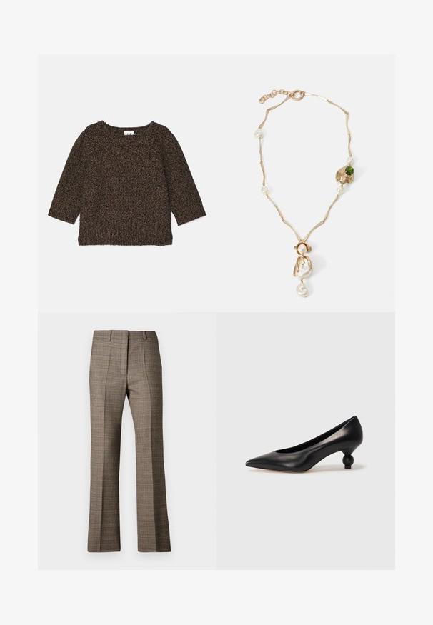 Brūns, strukturēts adījuma džemperis ar trim ceturtdaļām piedurknēm, plašu kakla izgriezumu un ribotu apakšmalu. Mīksta viela ar siltu izskatu.; Brūnas četrkrāsainas bikses ar taisnu kāju griezumu, kurām ir teksturēta auduma virsma un maigi beidzamās krāsas, izceļot beigu toni un tumšākas brūnas krāsas caur modeli.; Melnas ādas augstpapēžu kurpes ar smailu purngalu un apaļu papēdi. Gluda tekstūra ar elegantu, minimālistisku dizainu.; Zelta tonis kaklarota ar savirpinātām saistēm, baltām pērlem un zaļa akmens akcentu. Izceļas ar sarežģītām detaļām un aizdari, lai nostiprinātu.